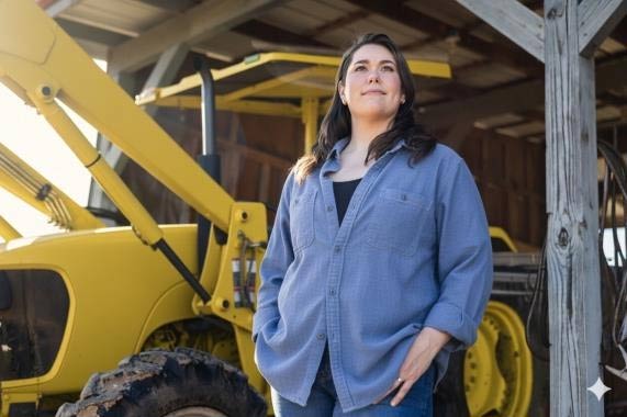 Business owner standing beside her Cat equipment in the shop